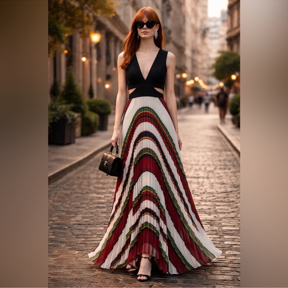BCBGMaxAzria Black & Multicolor Pleated Maxi Dress – Size XS